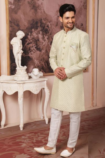 Embroidered Art Silk Indo Western for Men in Pista Green (NMK-6494)