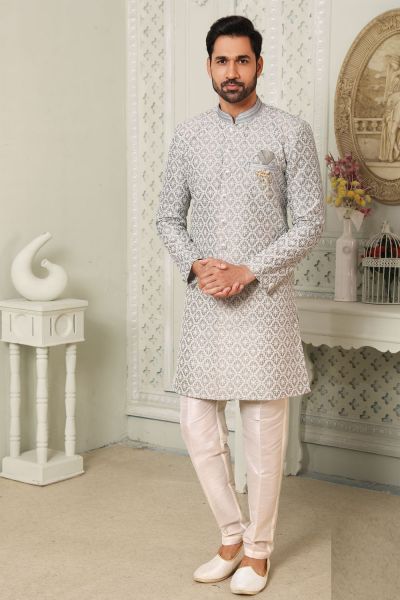 Embroidered Art Silk Mens Grey Indo Western (NMK-6496)