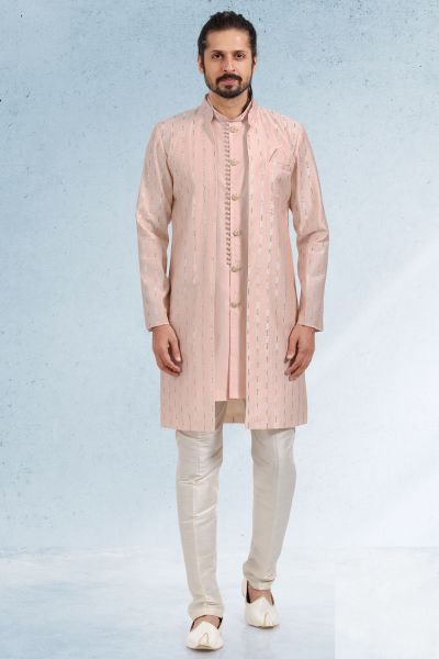 Embroidered Art Silk Mens Indo Western in Peach (NMK-6463)