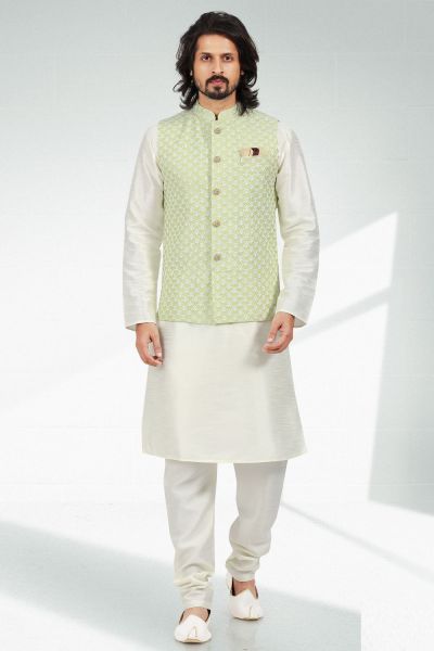 Embroidered Art Silk Mens Nehru Jacket in Pista Green (NMK-6468)