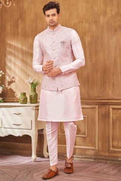 Embroidered Art Silk Nehru Jacket in Pink (NMK-8028)