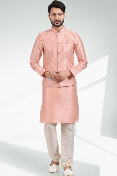 Embroidered Art Silk Peach Mens Nehru Jacket (NMK-6476)