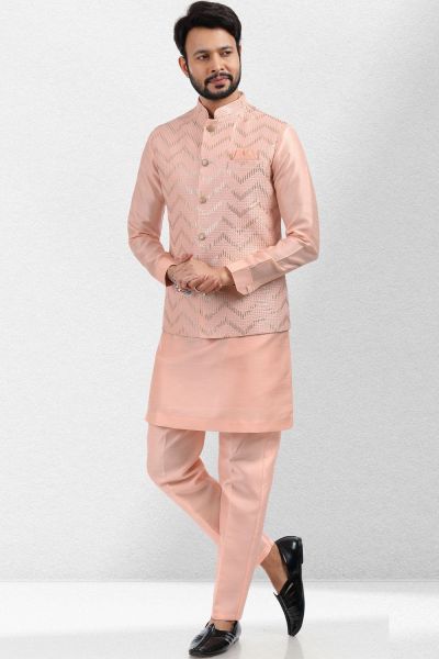 Embroidered Art Silk Peach Nehru Jacket (NMK-6581)