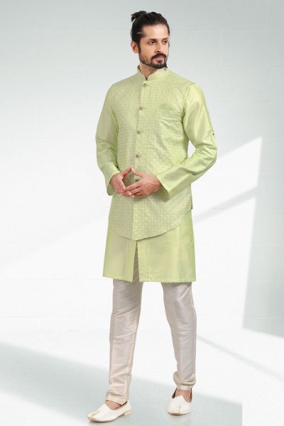 Embroidered Art Silk Pista Green Mens Indo Western (NMK-6466)