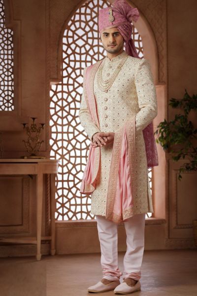 Embroidered Art Silk Sherwani in Cream (NMK-7634)