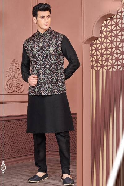 Embroidered Black Art Banarasi Silk Nehru Jacket (NMK-7426)