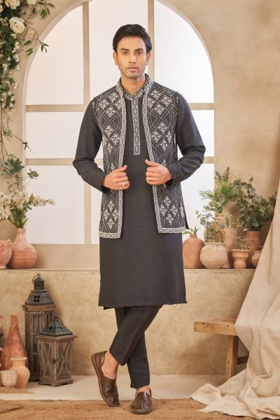 Embroidered Black Art Silk Kurta Jacket (NMK-8061)