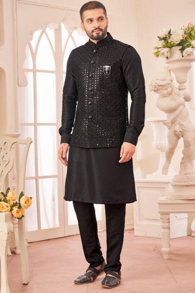 Embroidered Black Art Silk Nehru Jacket (NMK-8047)