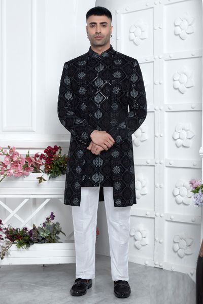 Embroidered Black Velvet Silk Jacket Set (NMK-7878)