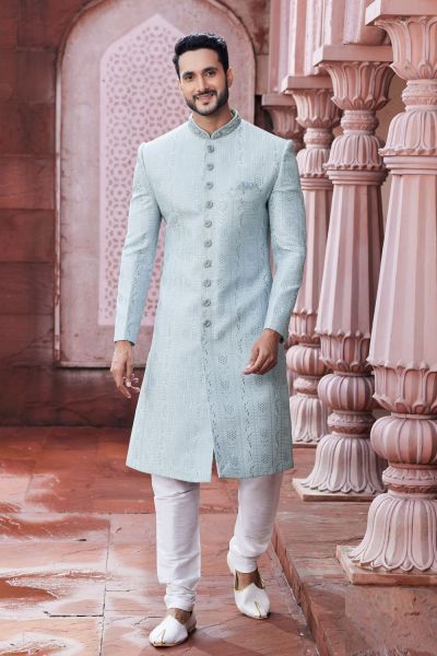 Embroidered Blue Art Silk Sherwani (NMK-7114)