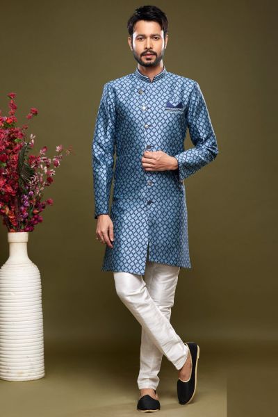 Embroidered Blue Banarasi Jaquard Indo Western (NMK-7037)