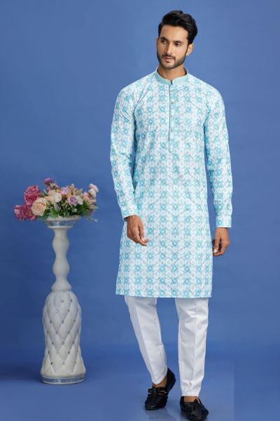 Embroidered Blue Cotton Kurta Pajama (NMK-7517)