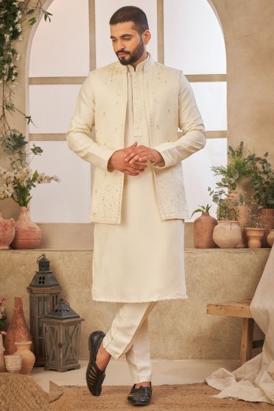 Embroidered Cream Art Silk Kurta Jacket (NMK-8063)