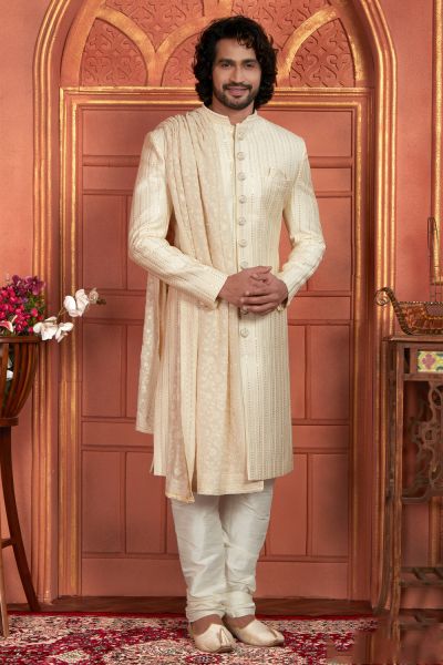 Embroidered Cream Art Silk Sherwani (NMK-7887)