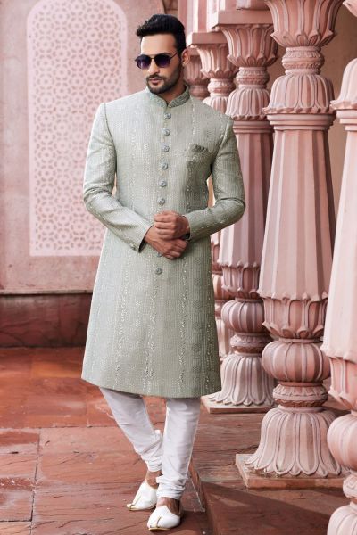 Embroidered Grey Art Silk Sherwani (NMK-7115)