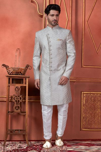 Embroidered Grey Art Silk Sherwani (NMK-7734)