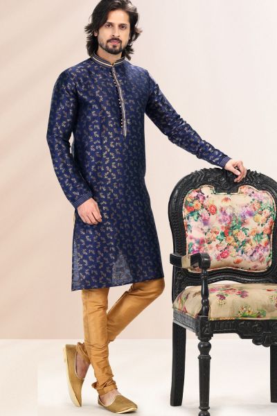 Embroidered Jaquard Banarasi Silk Blue Kurta (NMK-6633)