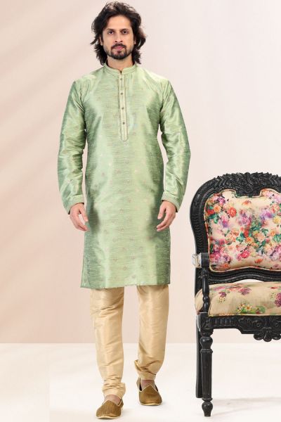 Embroidered Jaquard Banarasi Silk Green Mens Kurta (NMK-6631)