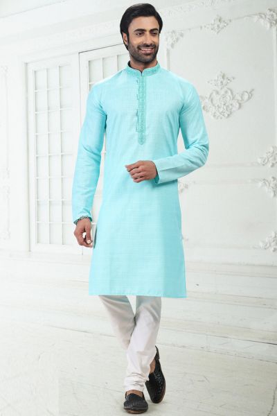 Embroidered Linen Cotton Kurta in Blue (NMK-6655)