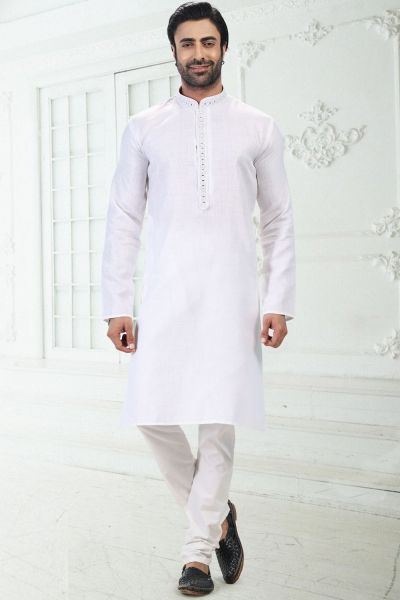 Embroidered Linen Cotton Off White Kurta Pajama (NMK-6645)