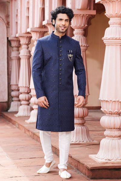 Embroidered Navy Blue Art Silk Sherwani (NMK-7123)