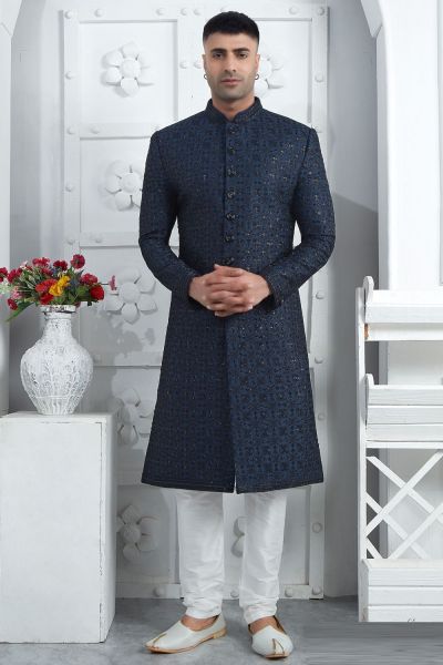 Embroidered Navy Blue Art Silk Sherwani (NMK-7714)