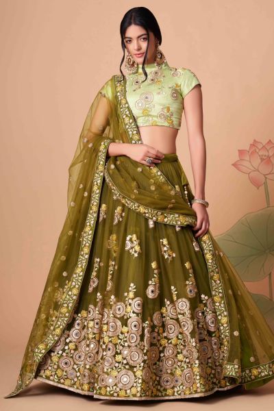 Embroidered Net Mehendi Green Lehenga (NWG-1282)