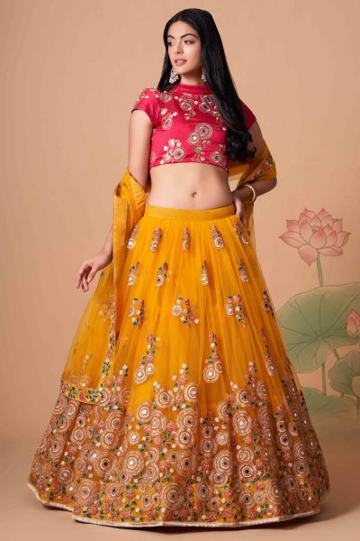 Embroidered Net Yellow Lehenga (NWG-1281)