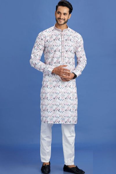 Embroidered Off White Cotton Kurta Pajama (NMK-7518)