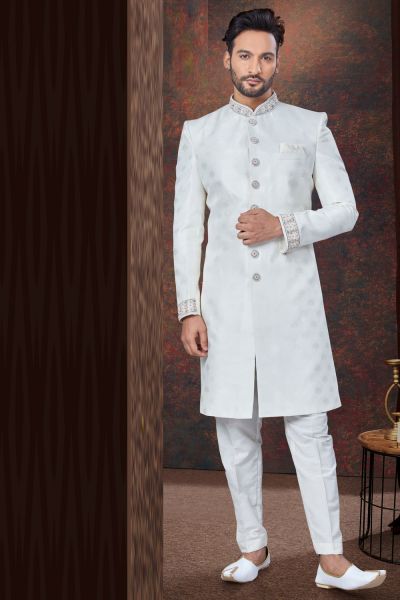 Embroidered Off White Jaquard Indo Western (NMK-7773)