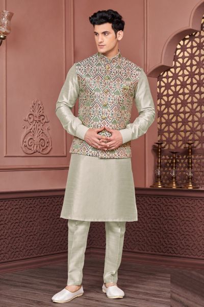 Embroidered Pista Green Art Silk Nehru Jacket (NMK-7424)