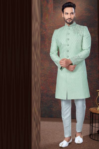 Embroidered Pista Green Jaquard Indo Western (NMK-7791)