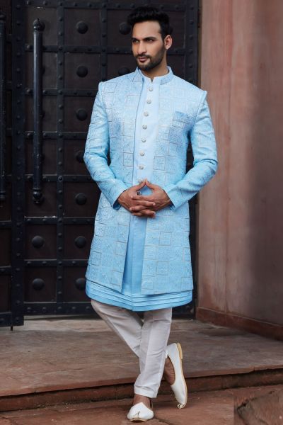 Embroidered Shaded Sky Blue Art Silk Indo Western (NMK-7105)