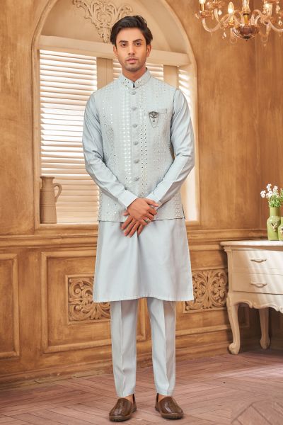 Embroidered Sky Blue Art Silk Nehru Jacket (NMK-8009)