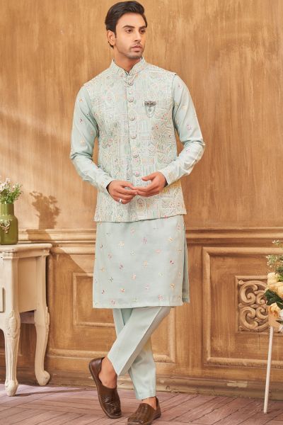 Embroidered Sky Blue Art Silk Nehru Jacket (NMK-8011)