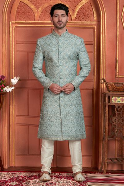 Embroidered Sky Blue Art Silk Sherwani (NMK-7892)