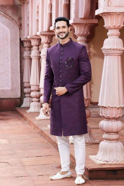 Embroidered Wine Art Silk Sherwani (NMK-7122)