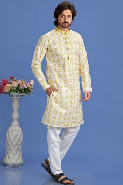 Embroidered Yellow Cotton Kurta Pajama (NMK-7515)