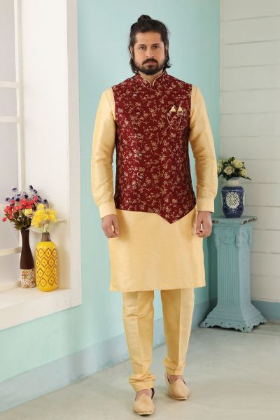 Gold Art Banarasi Silk Nehru Jacket (NMK-4980)