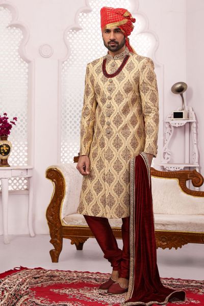 Gold Art Banarasi Silk Sherwani for Men (NMK-5537)