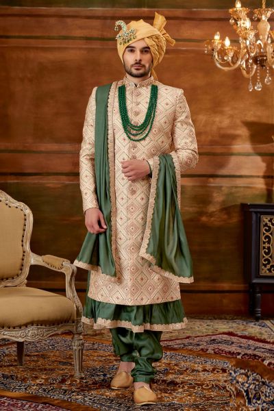 Gold Art Embroidered Silk Grooms Sherwani (NMK-6379)