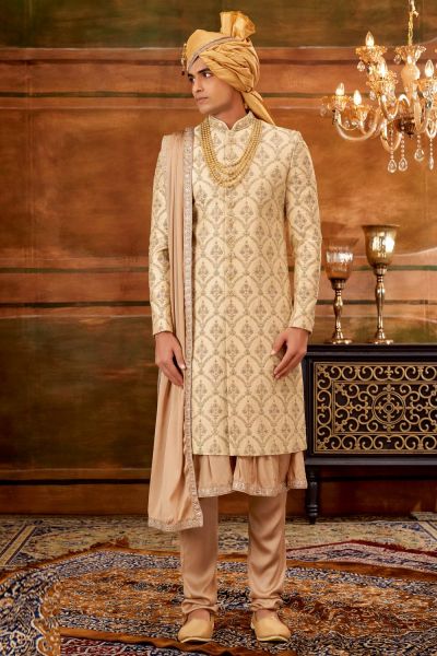 Gold Art Embroidered Silk Mens Sherwani (NMK-6378)