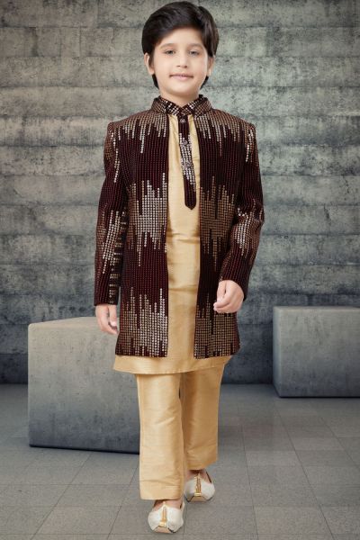 Gold Art Silk Boys Kurta Pajama with Long Jacket (NKK-795)