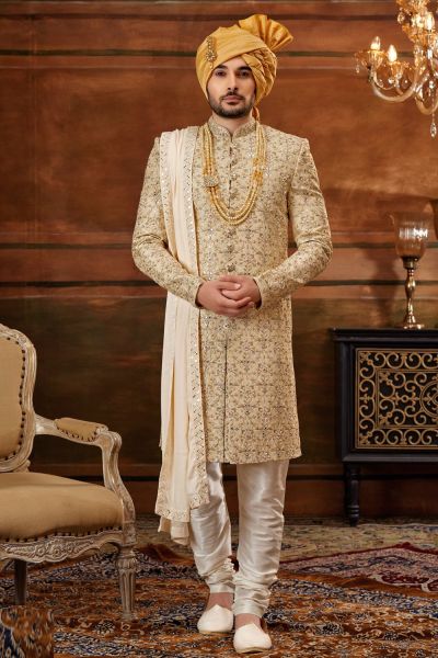 Gold Art Silk Mens Sherwani (NMK-6398)