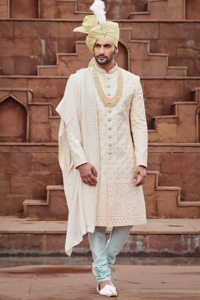 Gold Art Silk Mens Wedding Sherwani (NMK-7163)