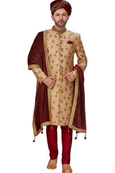 Gold Banarasi Jaquard Grooms Sherwani (NMK-4953)