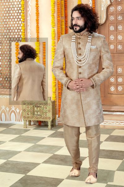 Gold Banarasi Jaquard Mens Sherwani (NMK-4337)