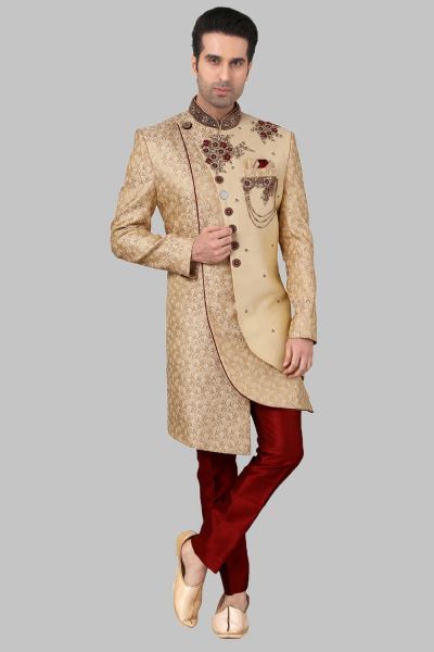 Gold Brocade, Art Silk Mens Sherwani (NMK-5239)