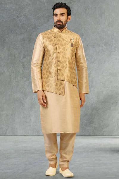 Gold Jaquard Banarasi Silk Nehru Jacket (NMK-5209)