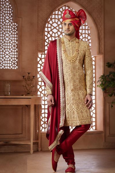 Gold Jaquard Grooms Sherwani (NMK-7639)